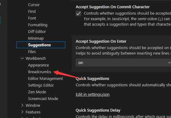 点击 Breadcrumbs 选项