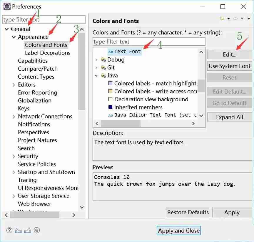 Eclipse图形界面设置字体大小界面图