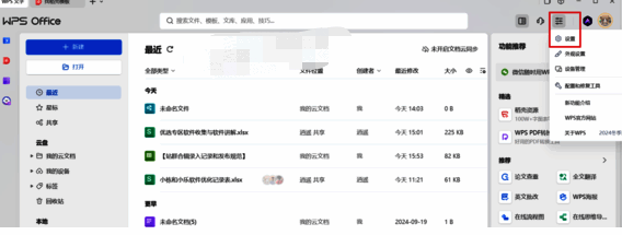 WPS右上角设置选项截图