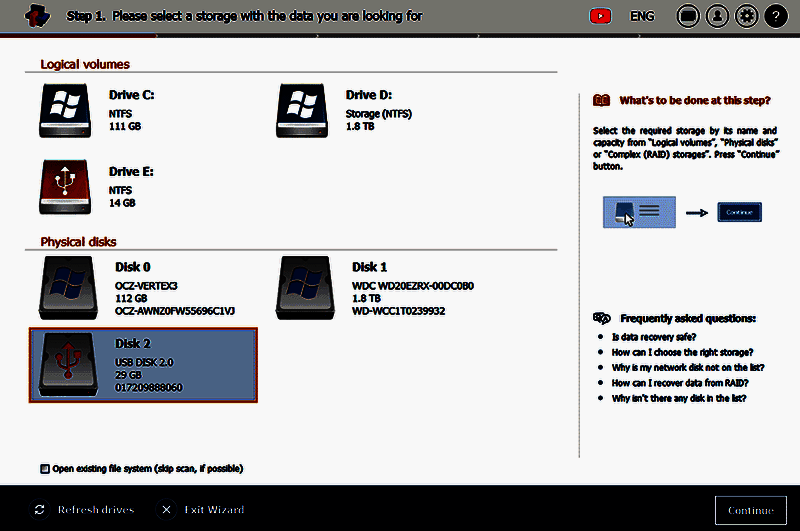 Raise Data Recovery软件选择U盘界面