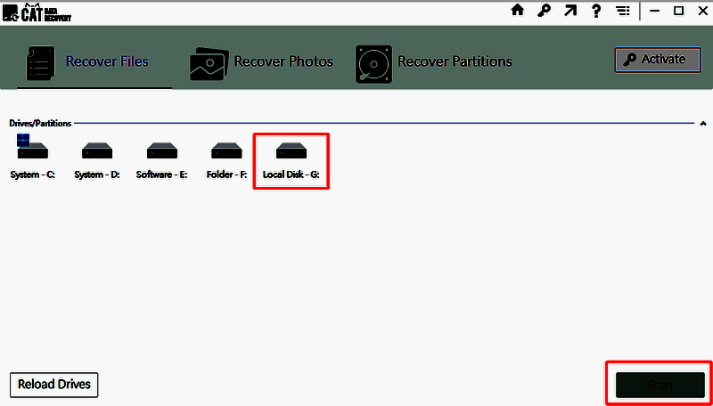 CAT Data Recovery软件选择U盘扫描界面