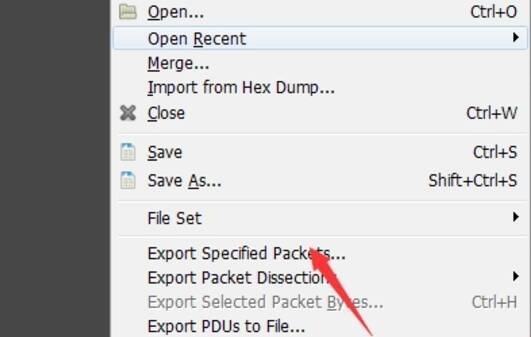 Wireshark选择导出数据包解析界面