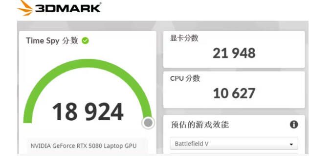RTX 5080笔记本版3DMark TimeSpy跑分界面图