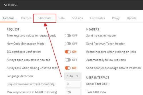 点击Shortcuts选项界面图