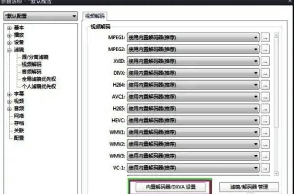 设置界面中内置解码器/DXVA设置选项图片
