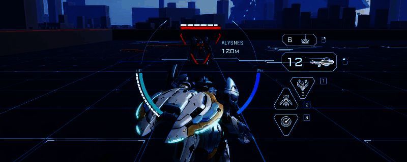 《解限机》白虹机甲展示图，机甲身姿矫健，手持远程武器，背景为战场环境