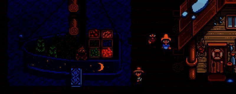 星露谷物语游戏画面,农田中摆放着多个小桶,角色正在酿酒