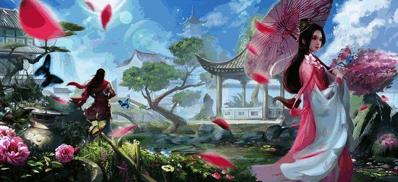 江湖侠侣在月色下乘坐小船游览,水面波光粼粼,景色如画