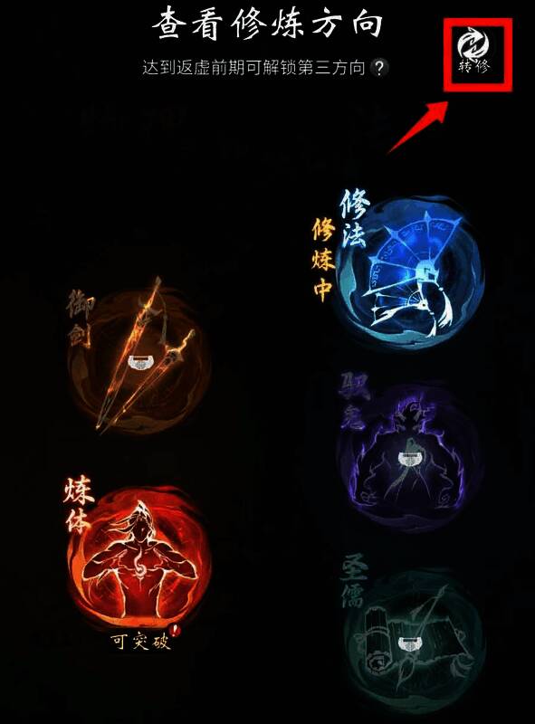 转修功能解锁界面示意图,显示玩家达到合体前期后可在界面右上角看到转修按钮