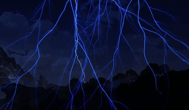 雷雨天气下,伊莫们躲进洞穴,天空中电闪雷鸣