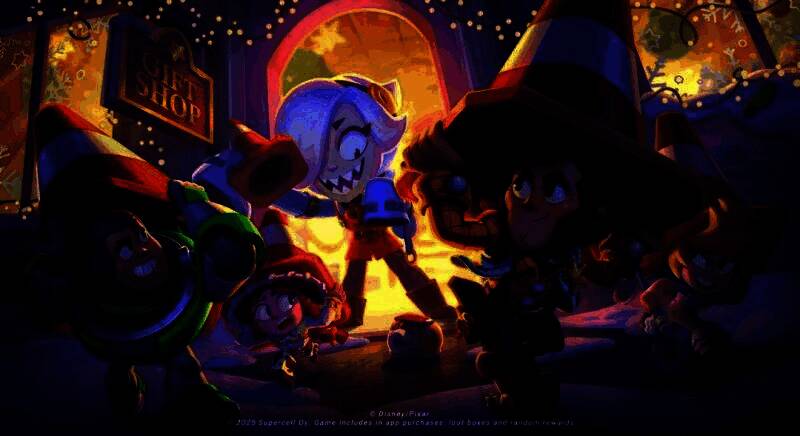 巴斯光年在《荒野乱斗》中登场,身穿太空战甲,手持能量枪,背景为星妙乐园