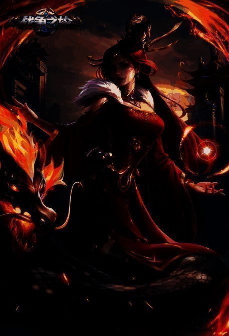 上古女皇·凤希身披炎域灵尊外观,特效环绕,背景为火域场景