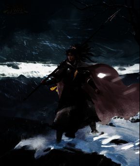 谋张绣手持长枪,威风凛凛,背景为战场硝烟弥漫