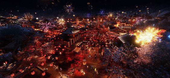 玩家在庆典现场放烟花,画面喜庆而梦幻
