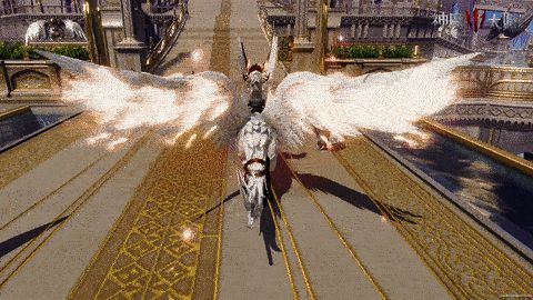 游戏主城全景,玩家在广场中自由互动,背景为魔幻风格建筑群