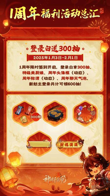 周年庆典主视觉图,展现游戏主题服开启与福利活动信息