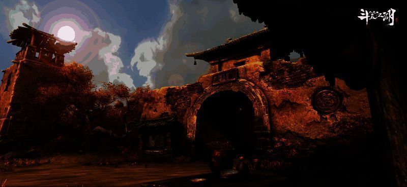 游戏场景画面,展现古风武侠氛围,人物身穿斗笠,背景为山林江湖