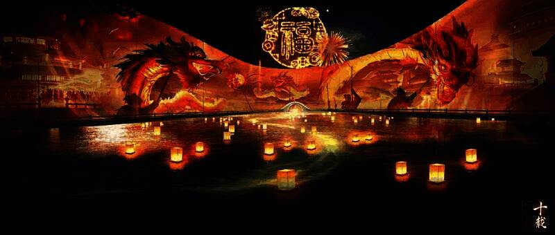 新春活动场景,侍女NPC手持灯笼,周围布置红灯笼与春联,节日气氛浓厚