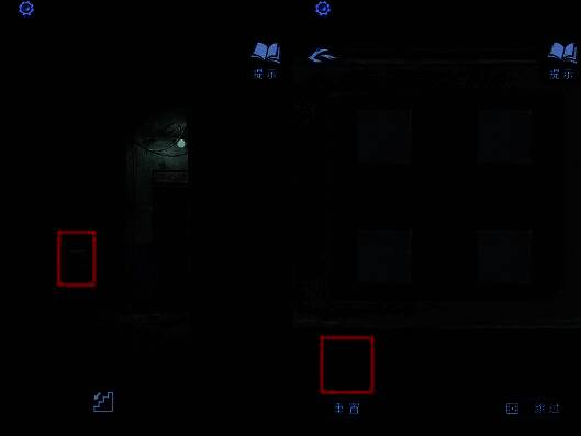 昏黄灯光下剪纸小人贴在墙壁上,安全出口标志微微发光