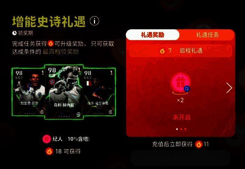 活动界面截图，显示礼遇点数累计进度条及对应奖励阶梯，突出标注“18点解锁增能史诗高光经纪人”提示