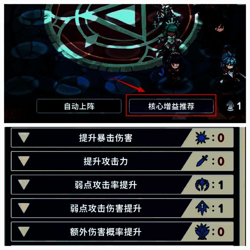 核心增益界面展示多个激活中的团队加成效果