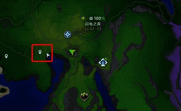 玩家使用弹射台飞跃悬崖的场景,背景可见岛屿中央的稀有宠物位置