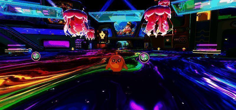 蛋仔岛跨年主题场景，地面如流动的星河，空中烟花绽放，小蛋仔们欢快奔跑