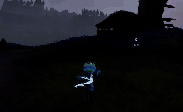 玩家角色在森林中奔跑寻找虹光伊莫,远处隐约可见一道彩色光影