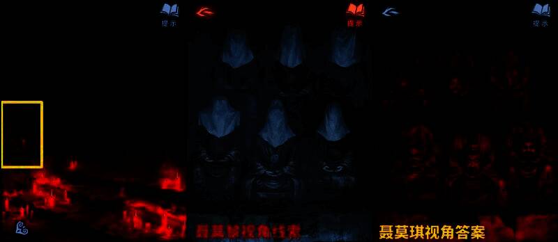 塔内石台上整齐摆放的两个泥塑头像,灯光映射出诡异阴影