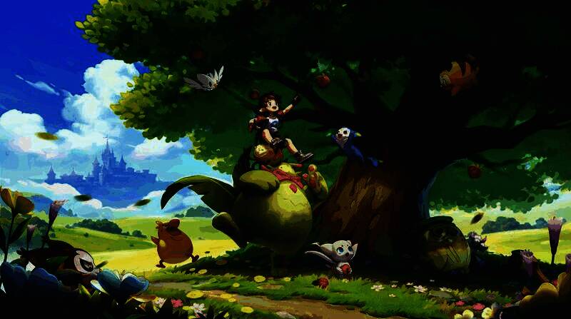 《洛克王国:世界》测试宣传图,主角与精灵在魔法学院前欢乐合影