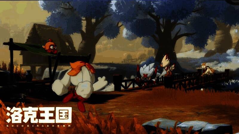 精灵互动场景图,小洛克骑着狮鹫飞越山谷,下方有精灵挥手致意