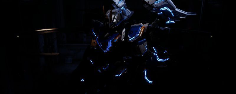 解限机游戏中卢米纳尔机甲飞翼零高达涂装效果图，机体呈现蓝黑主色搭配红色高光细节，翅膀部分泛着金属光泽