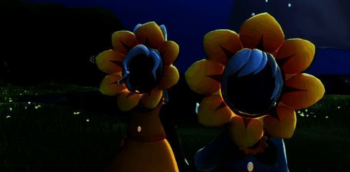 向日葵头套魔法使用效果,角色头部出现发光向日葵,周围有互动光效