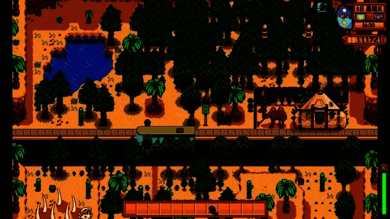 玩家在沙漠边缘种植的一片茂密果园，树木已成熟并挂果，旁边放置多个木桶用于现场加工