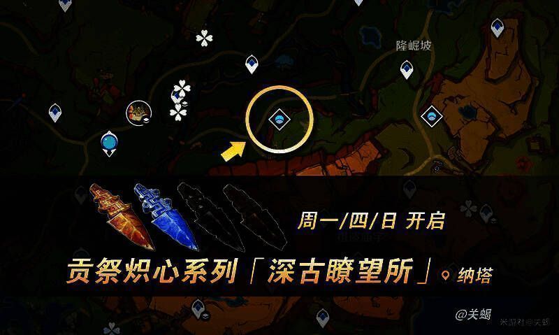 深古瞭望所秘境入口场景，火焰纹路环绕石柱，远处有发光宝箱