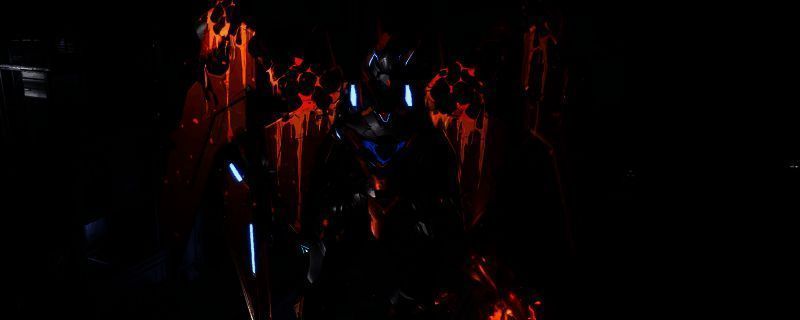 解限机游戏中黑豹机甲炽燃涂装展示，机身以黑色为主调，红色火焰纹路贯穿全身，金属光泽细节清晰可见