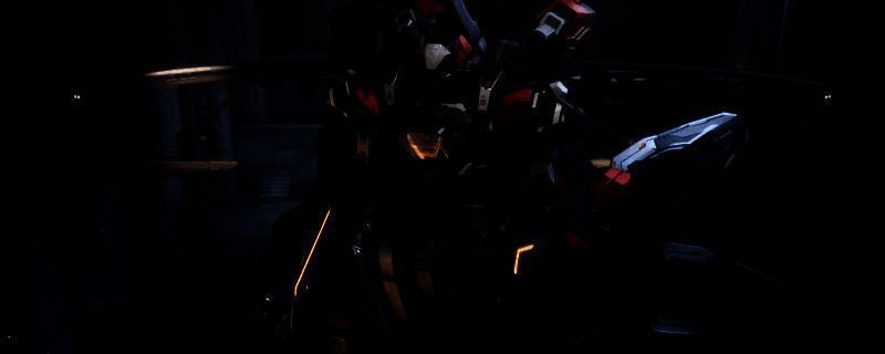 解限机鸣神机甲归零者涂装效果图，机体主色调为黑灰渐变，红色能量核心格外醒目