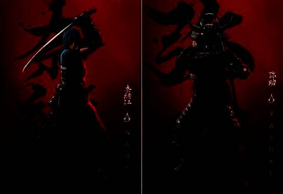 游戏内弥助角色立绘,身着融合西洋与日本风格的铠甲,神情坚毅,背景为安土城