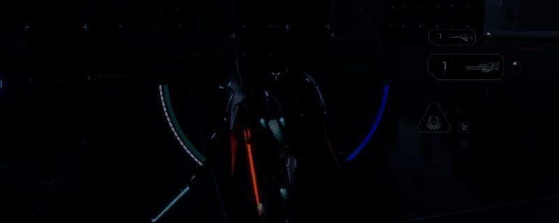 《解限机》中飞景机甲在昏暗战场中启动隐身技能,准备突袭敌方目标的瞬间画面,周围环境为未来都市废墟