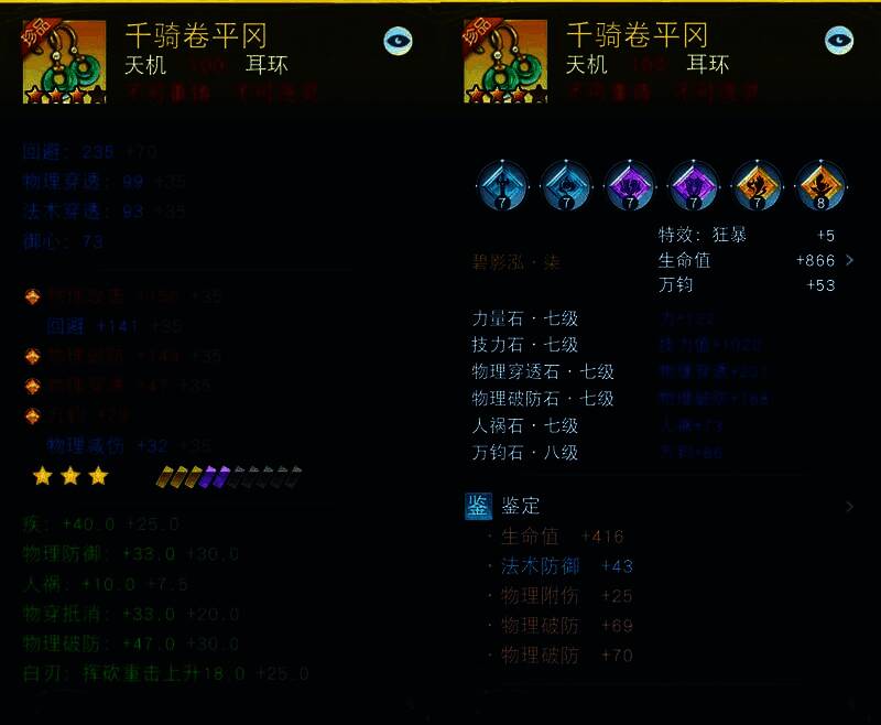 耳环属性界面,多项破防与穿透词条满额堆叠,显示为顶级毕业装备