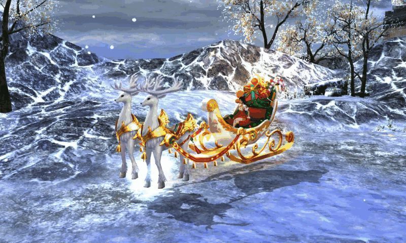 返场坐骑展示图,包含极地特快、雪鹿仙踪等多款坐骑在雪地场景中的动态展示