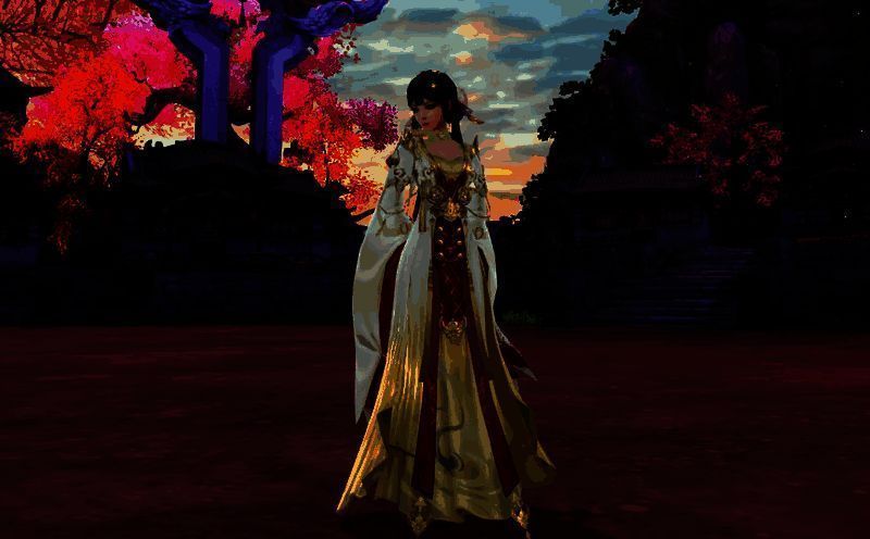 返场时装展示图,角色身着溯世歌引与云锦霞帔,背景为古风庭院夜景
