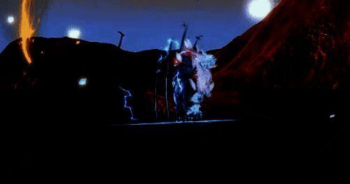 狴犴施展‘碎月惊雷’技能,腾空跃起发动双爪攻击,第二击炸裂出紫色雷电特效