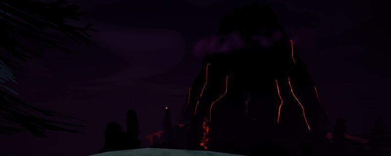 《PEAK》游戏中火山外围区域的实景画面,灰黑色的熔岩地表蔓延,远处可见冒着浓烟的火山口,玩家角色正沿着崎岖山道谨慎前行