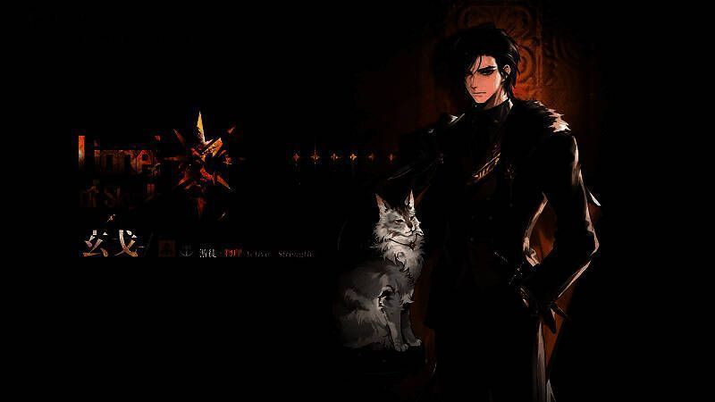 玄戈角色立绘展示,身披银黑战甲,手持长枪屹立于天鹿城之上,背景为血色残阳