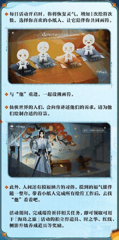 活动玩法说明图,展示玩家与小纸人互动、绘制符箓的操作流程,画面温馨治愈