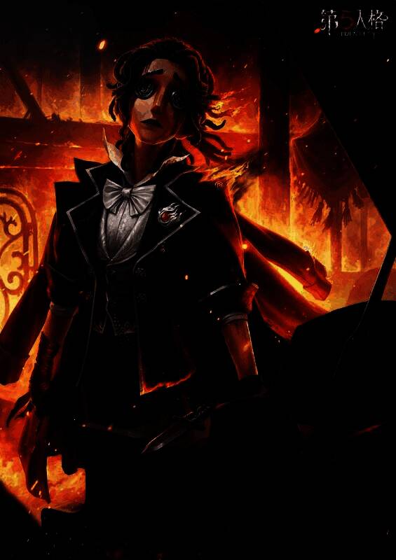 【奇珍时装】作曲家-被遗忘的乔治身穿黑色燕尾服,银色火焰徽章闪耀,长发燃烧,身处烈焰中的演播厅,画面充满戏剧张力与悲剧美感
