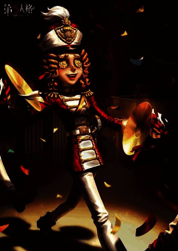 拉拉队员-小明星身穿华丽红白礼服,头戴羽毛礼帽,手持金色锣鼓,笑容灿烂,正于庆典舞台中央激情表演