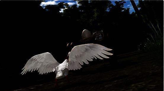 全新载具【吟风·大鹅催催】展示图,一只白色大鹅驮着少侠在水面滑行,头顶冒出‘催催’字样气泡