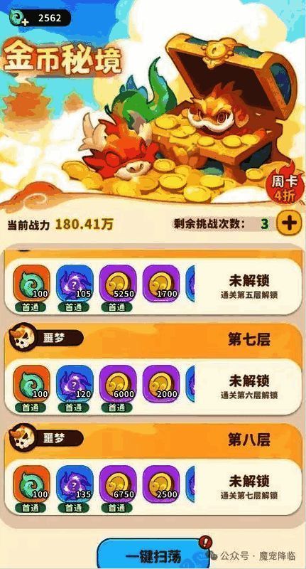 金币秘境界面展示，突出显示根气与金币奖励数值，下方为挑战倒计时与购买提示